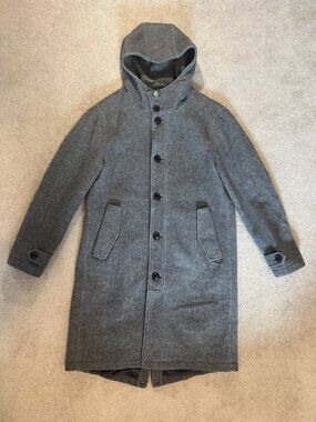 Club Monaco Men's Gray Hooded Wool Blend Coat Size S Button Front Patch Pockets